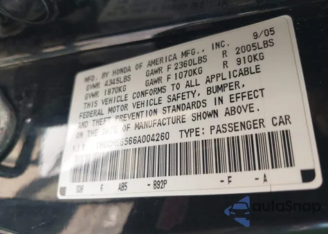 2006 Honda Accord 3.0 Ex from USA, damaged, VIN 1HGCM66566A004260